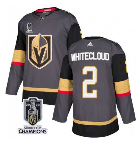 Men%27s Vegas Golden Knights #2 Zach Whitecloud Gray 2023 Stanley Cup Champions Stitched Jersey